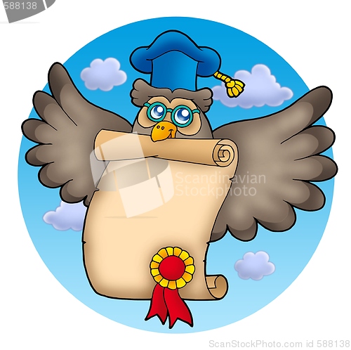 Image of Owl teacher with diploma on sky