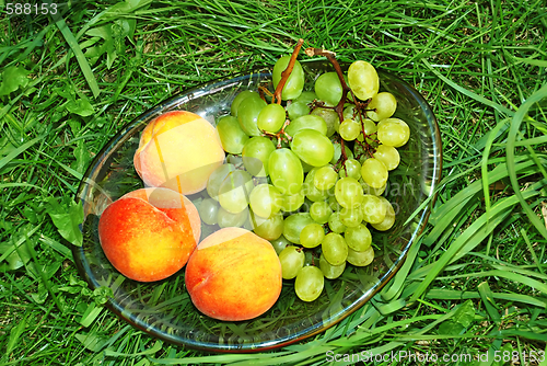 Image of Peach and green grapes in grass