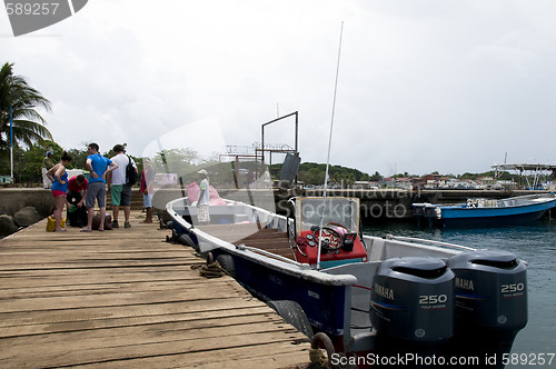 Image of editorial tourists board panga commuter boat corn island nicarag