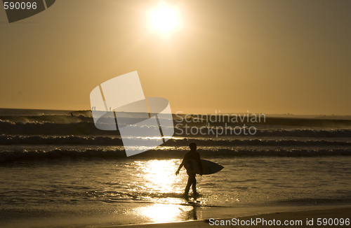 Image of surfer walking in the beach