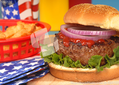 Image of Hamburger in 4th of July setting