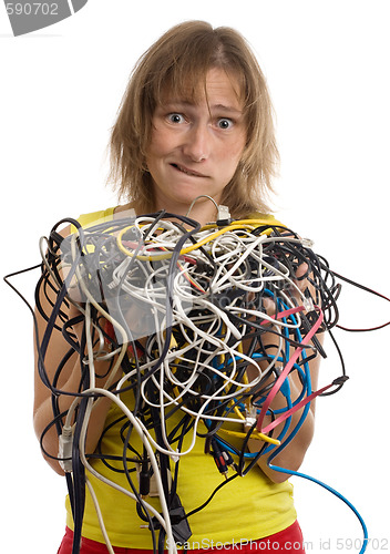 Image of crazy woman with tangle of cables