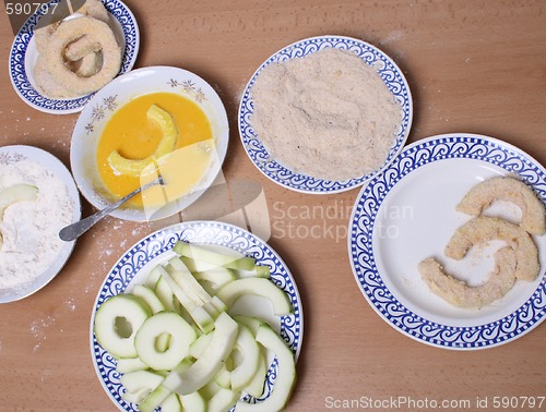 Image of preparing of schnitzel from zucchini