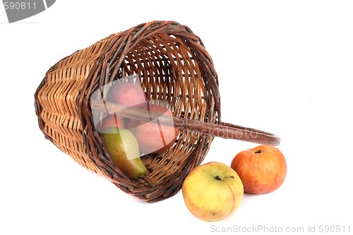 Image of wicker basket full of apples and pears