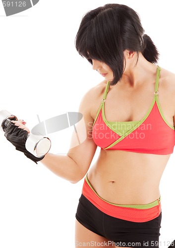 Image of muscular fitness instructor with dumbbells