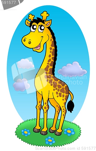 Image of Cute giraffe standing on grass