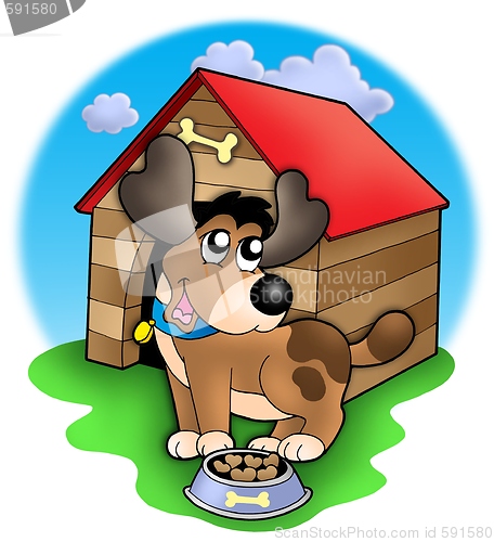 Image of Cute dog in front of kennel