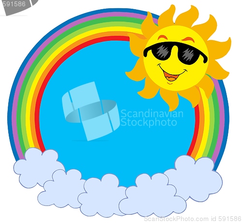 Image of Cartoon Sun with sunglasses in raibow circle