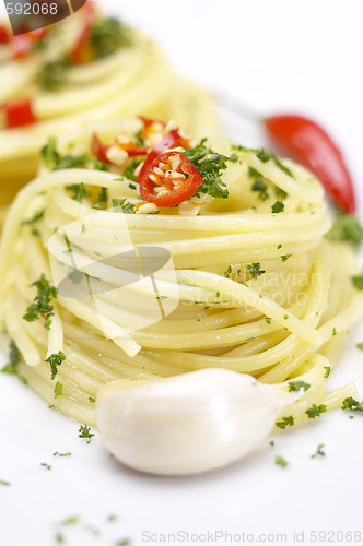 Image of pasta garlic extra virgin olive oil and red chili pepper