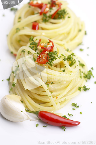Image of pasta garlic extra virgin olive oil and red chili pepper