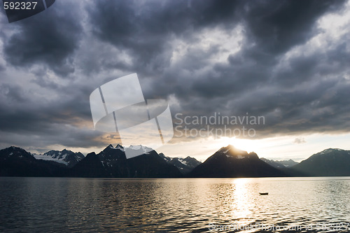 Image of sunset at lake with dark clouds