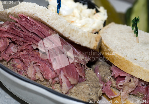 Image of corn beef with chopped liver sandwich on rye bread