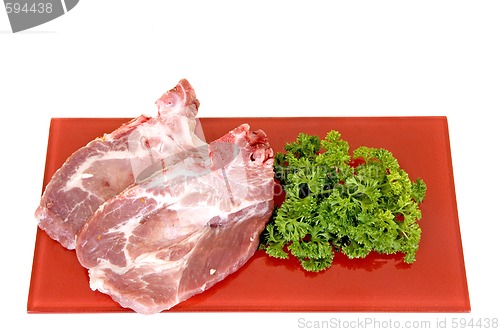 Image of Pork chops on red plate