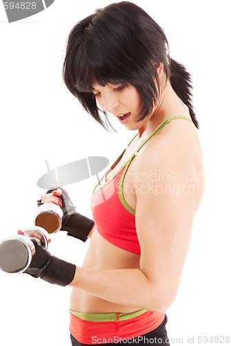 Image of muscular fitness instructor with dumbbells