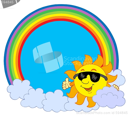 Image of Sun with cloud in rainbow circle