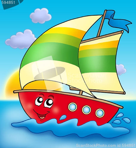 Image of Cartoon sailing boat with sunset
