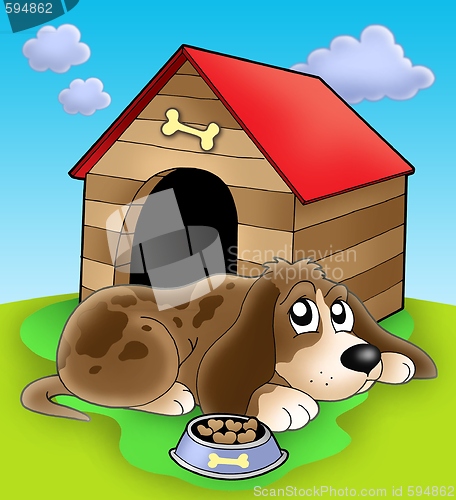 Image of Dog resting in front of kennel