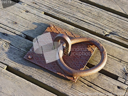 Image of Rusty iron ring on boards