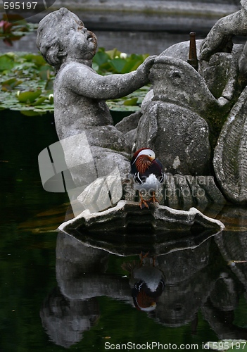 Image of Statue and bird in pond