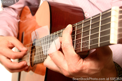 Image of Acoustic guitar player close-up with focus on the hand