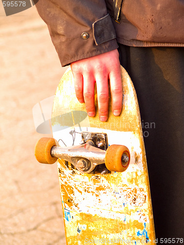 Image of Grunge image of a skater holding his skateboard