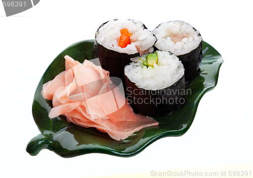 Image of Sushi and Ginger on a Leaf