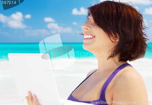 Image of woman with laptop computer on the beach