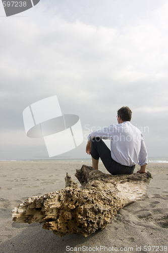 Image of Businessman sitting on beach