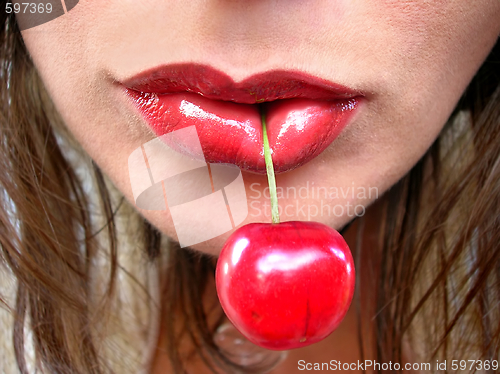 Image of Red cherry in red lips