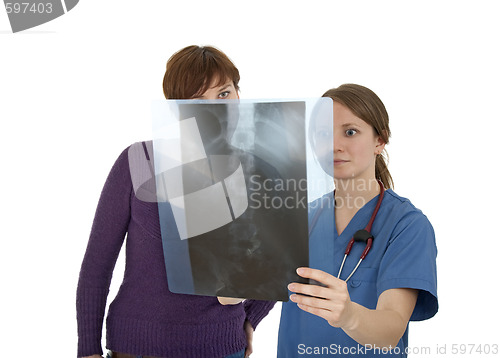 Image of Nurse and patient looking at x-ray with worried expression