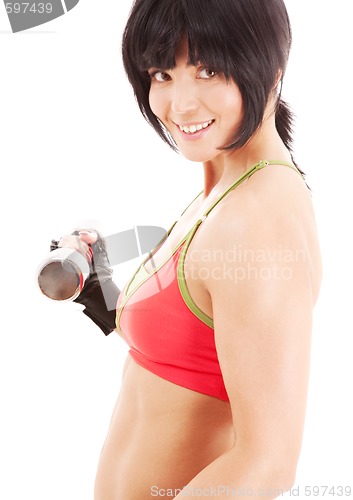 Image of muscular fitness instructor with dumbbells