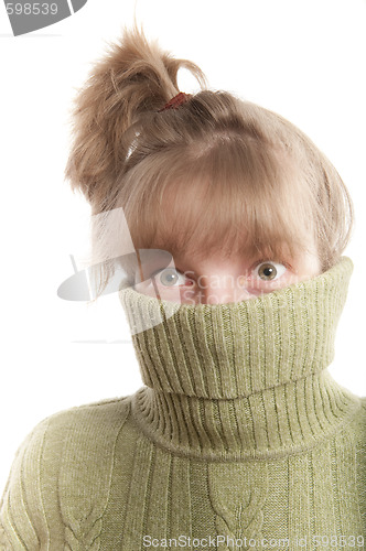 Image of Young woman hinding face behind collar of her sweater