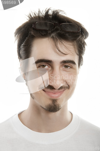 Image of Joyful young man wearing glasses