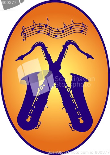 Image of gradient colored oval with two saxophones