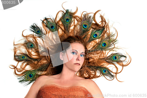 Image of Redhead With Peacock Feathers in Her Hair on White Background