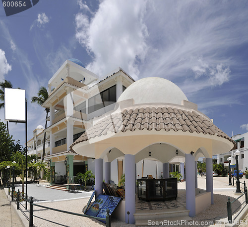 Image of A tropical resort hotel with a billboard for your advertisement