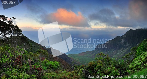 Image of Mist rising from the valley of Kalalau at sunrise, in Kauai, Haw