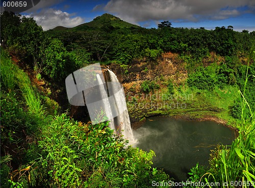 Image of The Wailua falls tundering down into a quiet pool.  Kauai, Hawai