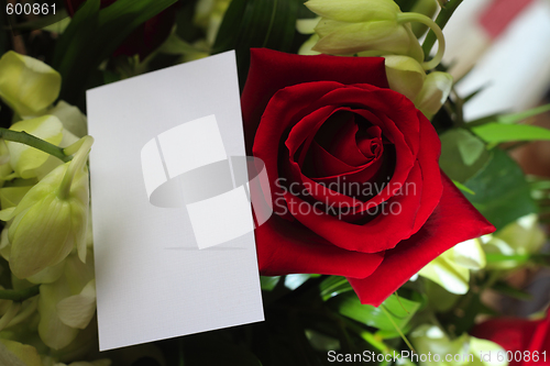 Image of Red roses, orchids and a blank card