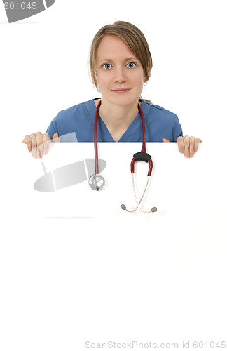 Image of Nurse with stethoscope hanging over blank banner