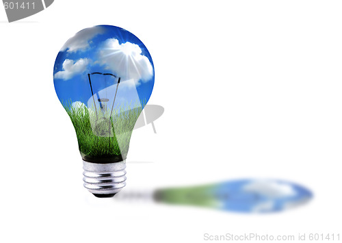 Image of Green Grass and Blue Sky in a Lightbulb Energy Concept