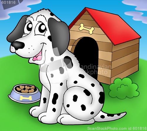 Image of Dalmatian dog in front of kennel