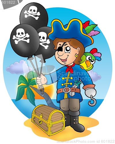Image of Pirate boy with balloons on beach