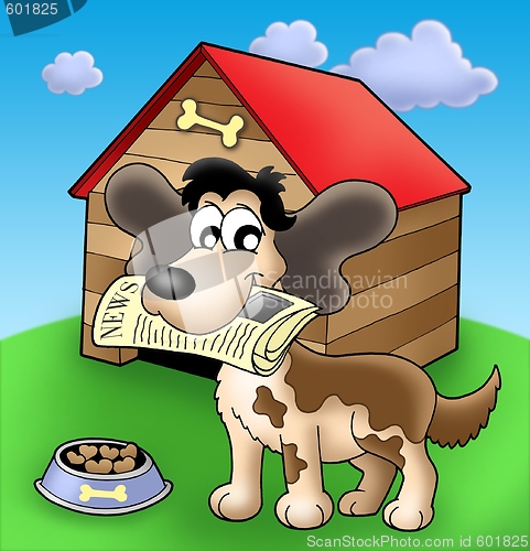 Image of Dog with news in front of kennel