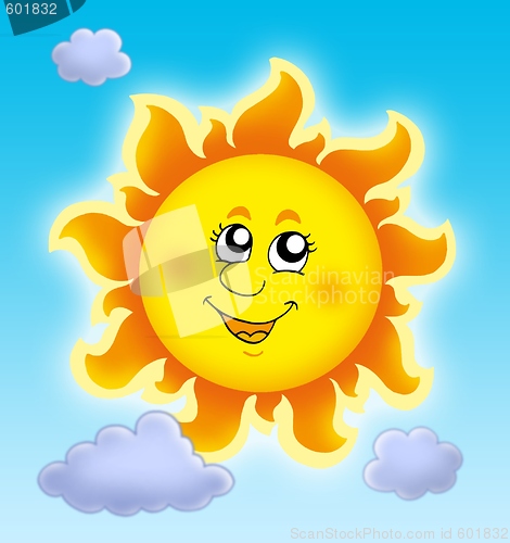 Image of Cute summer Sun on blue sky