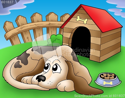 Image of Sad dog in front of kennel 1
