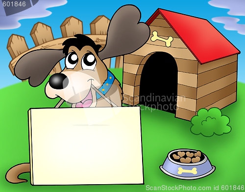 Image of Dog with sign in front of kennel