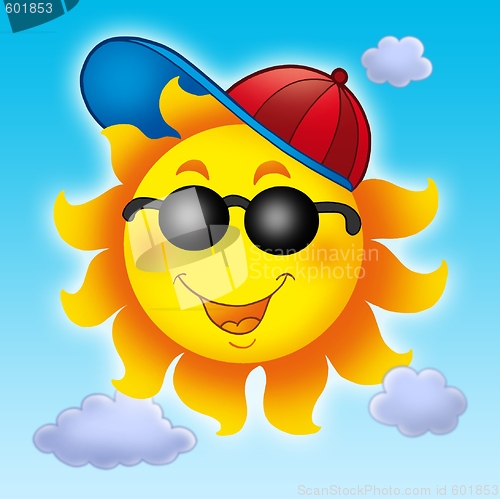 Image of Cartoon Sun in cap on blue sky