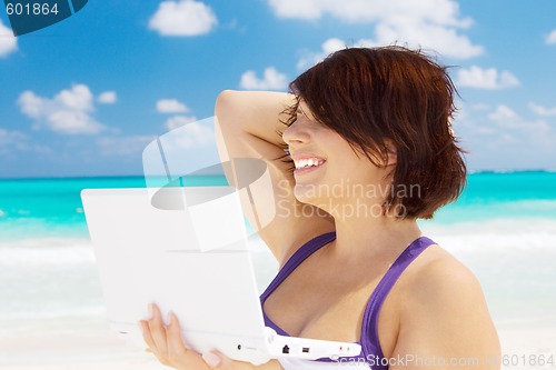 Image of woman with laptop computer on the beach