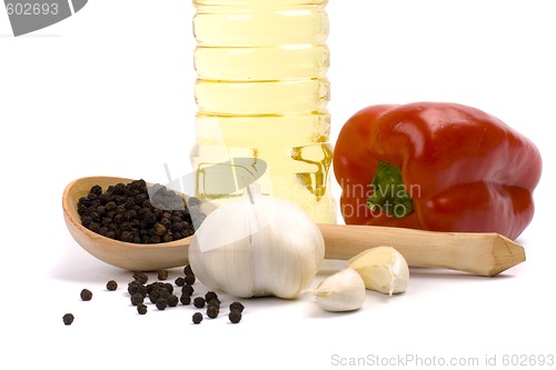 Image of paprika, garlic, black pepper and oil 